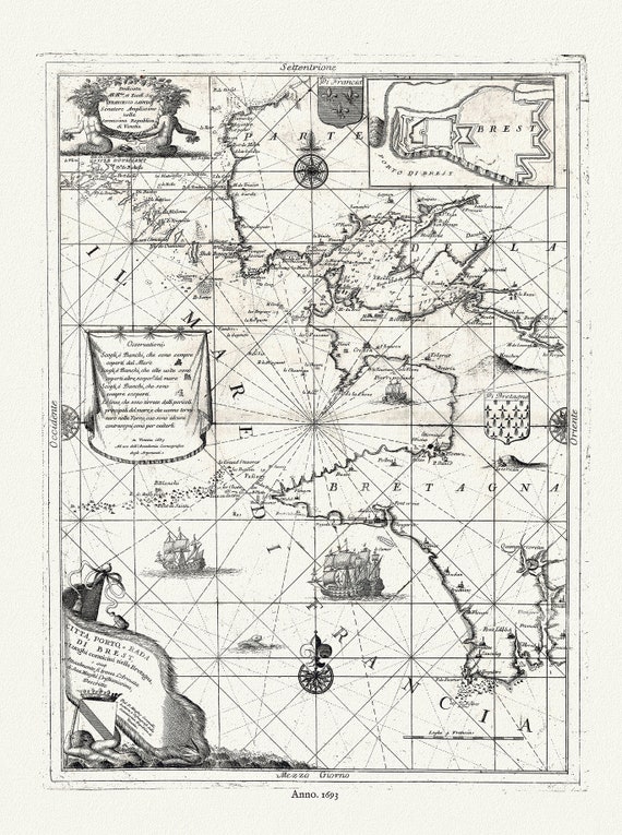 Brest, Citta, Porto e Rada, 1693, Coronelli auth., map on durable cotton canvas, 50 x 70 cm or 20x25" approx.