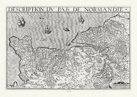 Normandy: Michel de La Rochemaille et Le Clerc, Description du Pays de Normandie, 1632, carte sur toile de coton épaisse, environ 56x70cm