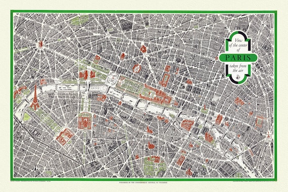 View of the Center of Paris, Taken from the Air, 1959 , une carte sur toile, 50x70cm APPROX