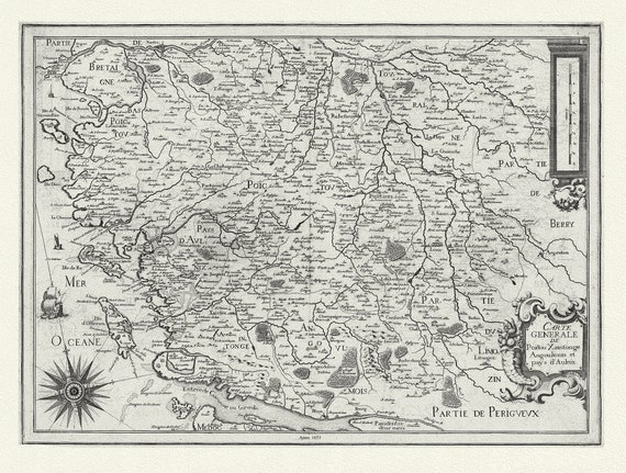 Poictou: Mariette, Carte general de de Poictou, Xaintonge, 1653, carte sur toile de coton épaisse, environ 56x70cm