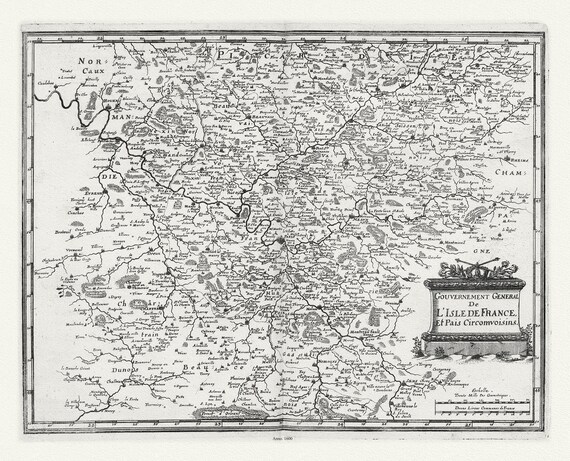 L'isle de France: Merian, Gouvernement General de L'Isle de France, 1600 , une carte sur toile de coton épaisse, environ 56x70cm