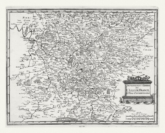 L'isle de France: Merian, Gouvernement General de L'Isle de France, 1600 , une carte sur toile de coton épaisse, environ 56x70cm