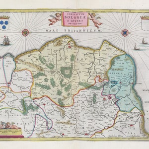 Pas-de-Calais, Comitatvvm Boloniae et Gvines Descriptio, 1665, Bleau auth. , une carte sur toile de coton épaisse, environ 56x70cm