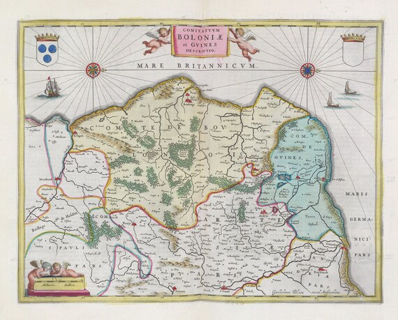 Pas-de-Calais, Comitatvvm Boloniae et Gvines Descriptio, 1665, Bleau auth. , une carte sur toile de coton épaisse, environ 56x70cm