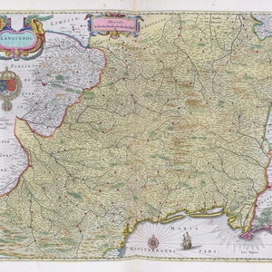 Languedoc, 1665, Blaeu auth. , une carte sur toile de coton épaisse, environ 56x70cm