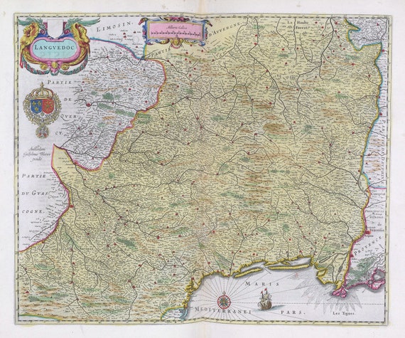 Languedoc, 1665, Blaeu auth. , une carte sur toile de coton épaisse, environ 56x70cm