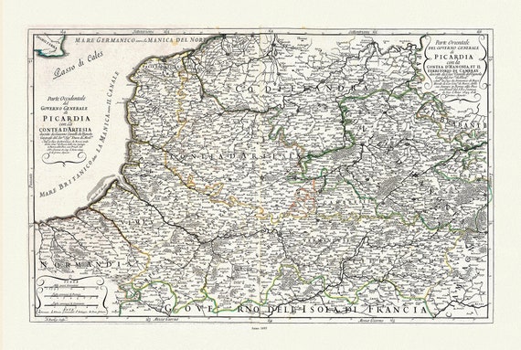 Picardie: Rossi, Governo Generale di Picardia, 1695, carte sur toile de coton épaisse, environ 56x70cm