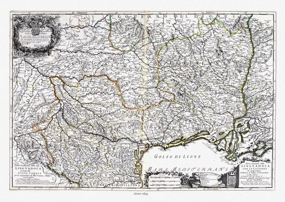 Rossi, Parte Orientale della Linguadoca (Languedoc), 1693, une carte sur toile de coton épais, 56x70cm environ