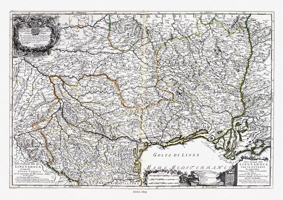 Rossi, Parte Orientale della Linguadoca (Languedoc), 1693, une carte sur toile de coton épais, 56x70cm environ