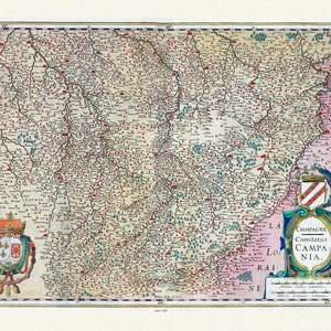 Champagne-Brie: Mercator et Hondius, Champagne Comitatus Carnpania, 1623, carte sur toile de coton épaisse, environ 56x70cm