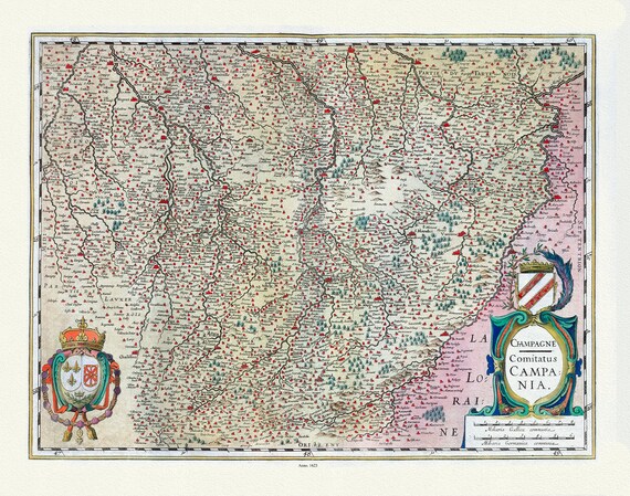 Champagne-Brie: Mercator et Hondius, Champagne Comitatus Carnpania, 1623, carte sur toile de coton épaisse, environ 56x70cm