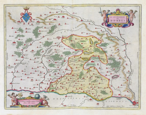 Dombes, La Sovverainete De Dombes, 1665, Blaeu auth. , une carte sur toile de coton épaisse, environ 56x70cm