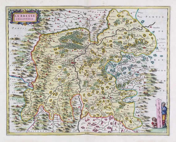 La Bresse Chalonnoise, 1665, Blaeu auth. , une carte sur toile de coton épaisse, environ 56x70cm