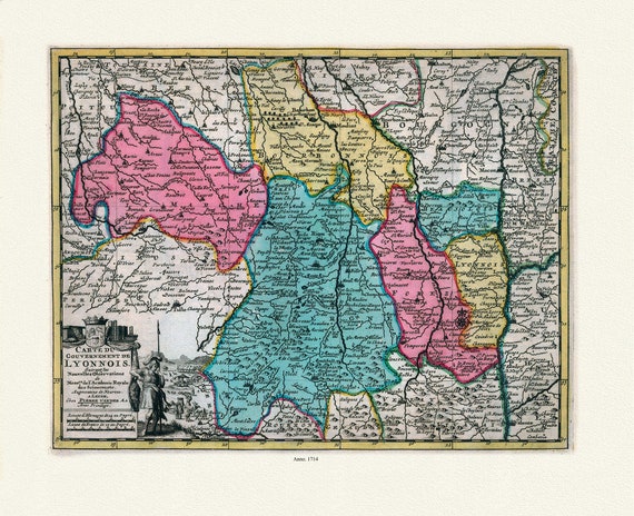 Lyonnais: van der Aa, Carte du gouvernement de Lyonnois, 1714, carte sur toile de coton épaisse, environ 56x70cm