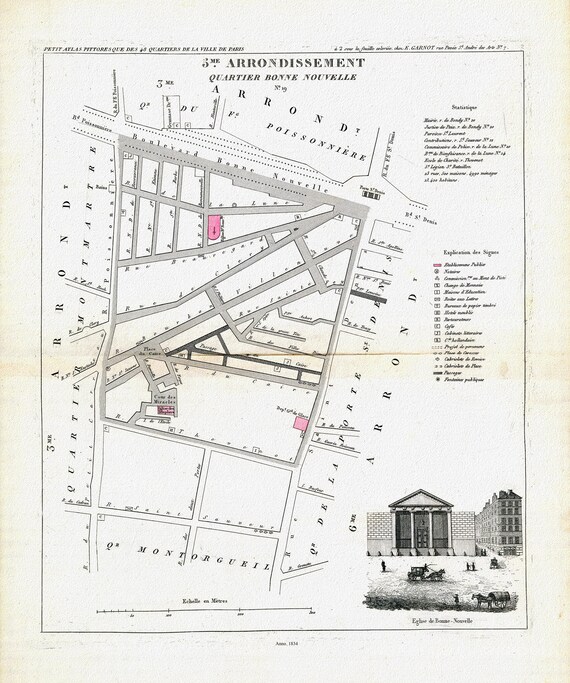 Perrot, Paris 5 Me. Arrondissement  Quartier Bonne Nouvelle. No.19, 1834, une carte sur toile de coton épaisse, environ 56x70cm