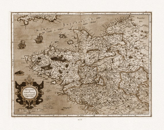 Brittany: Mercator et Hondius, Britannia & Normandia cum confinib' regionibus, 1623 Ver. S, sur toile de coton épaisse, environ 56x70cm