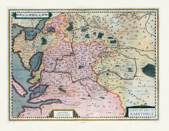 Poictou: Carte Du Pais De Xaintonge., Amstelodami excudit Judocus Hondius, 1623 , carte sur toile de coton épaisse, environ 56x70cm