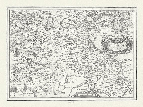 Burgundy: Mariette, Carte du Duche de Bourgongne, 1653 , carte sur toile de coton épaisse, environ 56x70cm