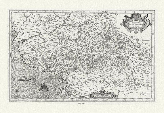 Poictou sive Pictaviae descriptio. Per Gerardum Mercatorem Cum Privilegio, 1607 , carte sur toile de coton épaisse, environ 56x70cm