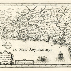 Bordeaux,  Bovrdelois, pais de Medoc et la prevoste de Born.1636. Mercator et al. auth. , carte sur toile de coton épaisse, environ 56x70cm