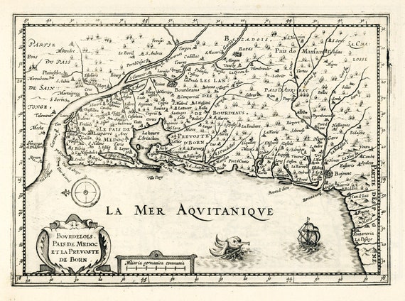 Bordeaux,  Bovrdelois, pais de Medoc et la prevoste de Born.1636. Mercator et al. auth. , carte sur toile de coton épaisse, environ 56x70cm