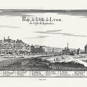 Lyonnais: Merian et Zeiler, Prosp. de la ville de Lyon III, 1662, carte sur toile de coton épaisse, environ 56x70cm