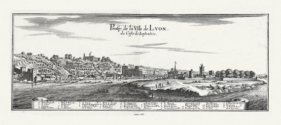 Lyonnais: Merian et Zeiler, Prosp. de la ville de Lyon III, 1662, carte sur toile de coton épaisse, environ 56x70cm