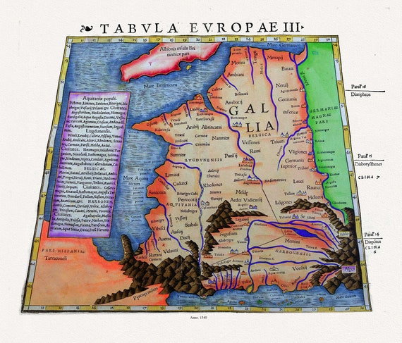 Ptolemy et Ortelius, Tabula Europae III, Gallia, 1540, une carte sur toile de coton épais, 56x70cm environ
