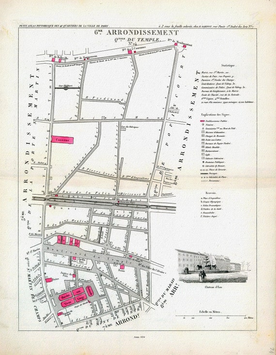 Perrot, Paris 6 Eme. Arrondissement  Quartier du Temple. No. 24, 1834, une carte sur toile de coton épaisse, environ 56x70cm