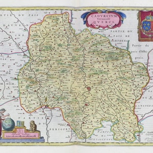 Quercy, Cadvrcivm vernaculé Qverci, 1665, Blaeu auth., une carte sur toile de coton épaisse, environ 56x70cm
