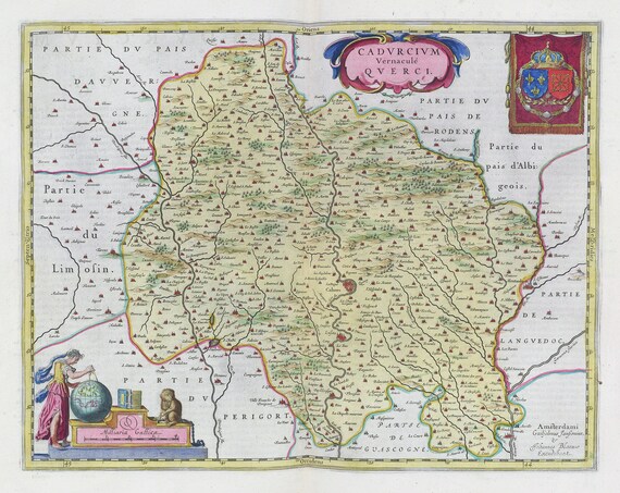 Quercy, Cadvrcivm vernaculé Qverci, 1665, Blaeu auth., une carte sur toile de coton épaisse, environ 56x70cm