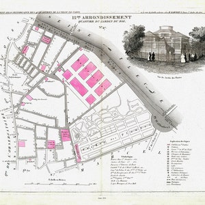 Perrot, Paris 12 Me. Arrondissement  Quartier du Jardin du Roi. No. 47, 1834 , une carte sur toile de coton épaisse, environ 56x70cm