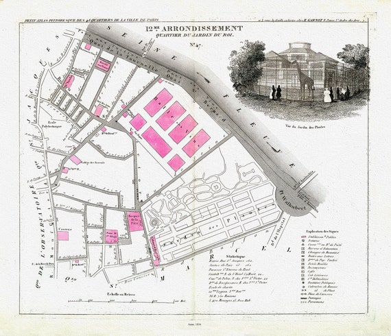 Perrot, Paris 12 Me. Arrondissement  Quartier du Jardin du Roi. No. 47, 1834 , une carte sur toile de coton épaisse, environ 56x70cm