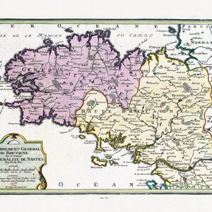 Bretagne: Fer, Les Gouvernement General de Bretagne ou se trouve la Generalite de Nantes, 1705 , sur toile de coton épaisse, environ 56x70cm