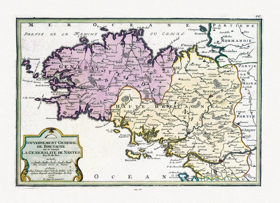 Bretagne: Fer, Les Gouvernement General de Bretagne ou se trouve la Generalite de Nantes, 1705 , sur toile de coton épaisse, environ 56x70cm