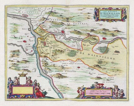 Le Dvché D'Aiguillon, 1665, Blaeu auth. , une carte sur toile de coton épaisse, environ 56x70cm