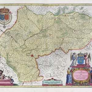 Le Govvernement De L'Isle De France, 1665, Bleau auth. , une carte sur toile de coton épaisse, environ 56x70cm