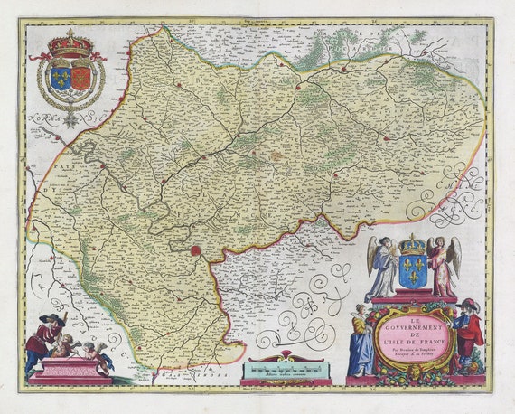 Le Govvernement De L'Isle De France, 1665, Bleau auth. , une carte sur toile de coton épaisse, environ 56x70cm