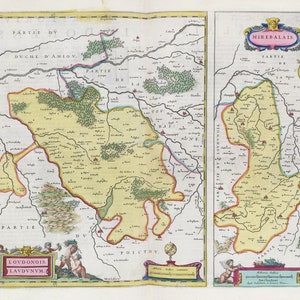 Poitou, [gauche] Lovdonois Lavdvnvm; [droit] Mirebalais, 1665, Blaeu auth. , une carte sur toile de coton épaisse, environ 56x70cm
