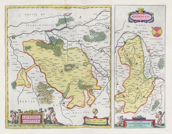 Poitou, [gauche] Lovdonois Lavdvnvm; [droit] Mirebalais, 1665, Blaeu auth. , une carte sur toile de coton épaisse, environ 56x70cm