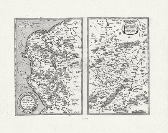 France, Calais, La Frere, Caletensium (con) Veromanduorum. Ortelius et Vrients, 1608 , une carte sur toile de coton épaisse, environ 56x70cm