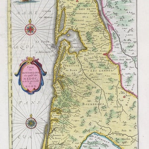 Aquitaine, Bourdelois, Carte du Bovrdelois, 1665, Blaeu auth. , une carte sur toile de coton épaisse, environ 56x70cm
