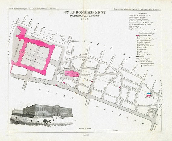 Perrot, Paris 4 Me. Arrondissement  Quartier du Louver. No. 14, 1834, une carte sur toile de coton épaisse, environ 56x70cm