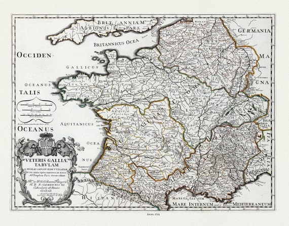 Rossi, Veteris Galliae Tabulam (France), 1712, une carte sur toile de coton épais, 56x70cm environ