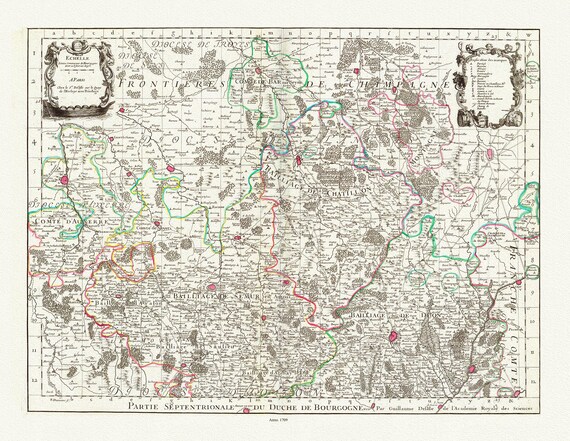 Burgundy: Delisle, (Guillaume de,1675-1726), Bourgogne septentrionale, 1709 , carte sur toile de coton épaisse, environ 56x70cm