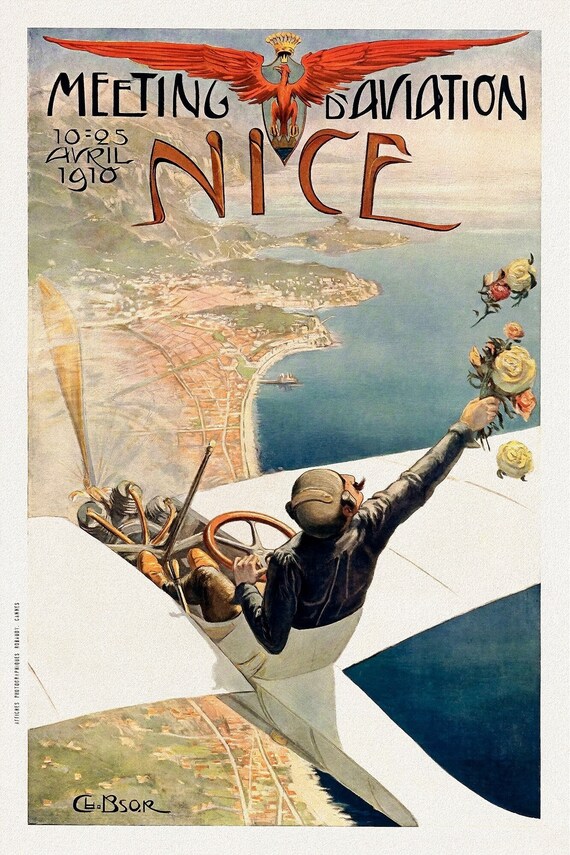 Nice, Meeting d'Aviation, 1910, une affiche de voyage sur toile de coton épaisse, environ 56 x 70cm