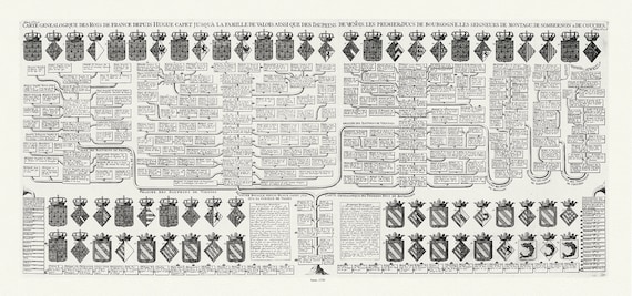 Carte Genealogique des Rois de France, 1720 , carte sur toile de coton épaisse, environ 56x70cm