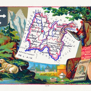 Ain, Les Departements de France, par Ad Mertans, 1890 , une affiche de voyage sur toile de coton épaisse, environ 56 x 70cm