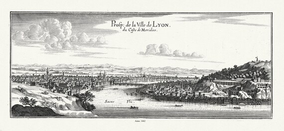 Lyonnais: Merian et Zeiler,  Prosp. de la ville de Lyon IV, 1662, une carte sur toile de coton épaisse, environ 56x70cm