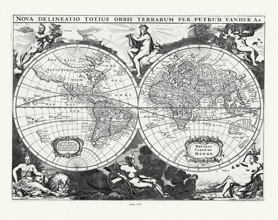 Aa, (Pieter va der, ), Nova Delineatio Totius Orbis Terrarum, 1703, , une carte sur toile de coton épaisse, environ 56x70cm